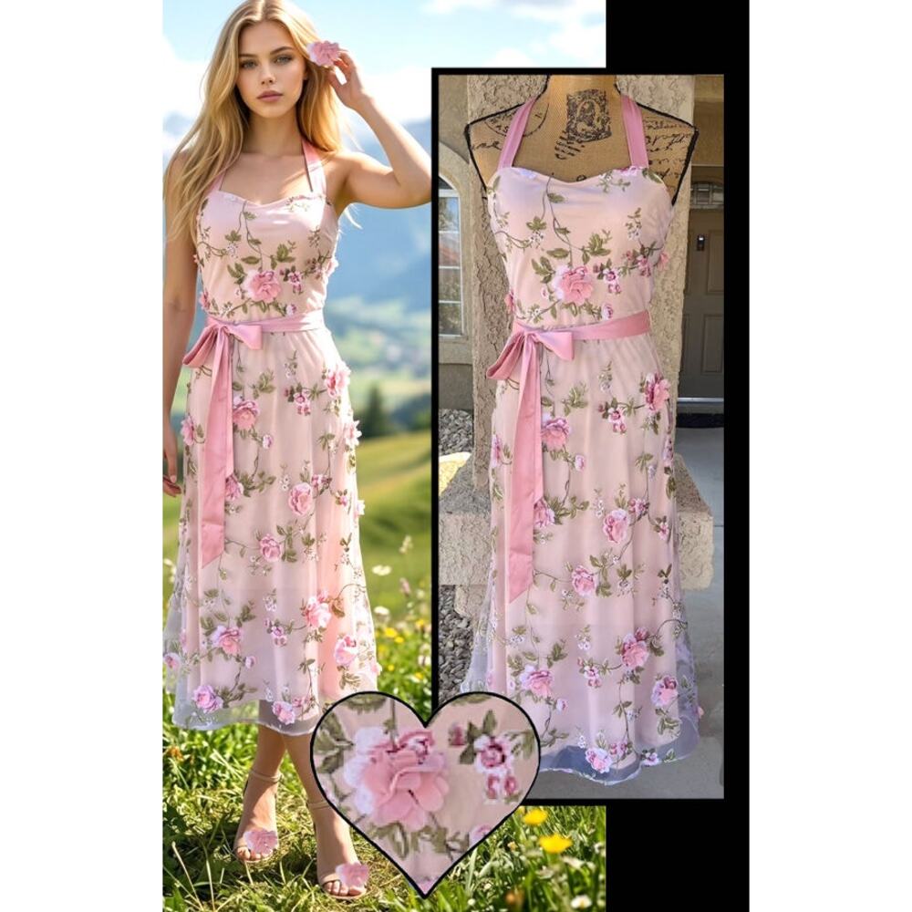 Lulus Pink Floral Applique Tie-Strap Midi All Sweetness Dress Size S
